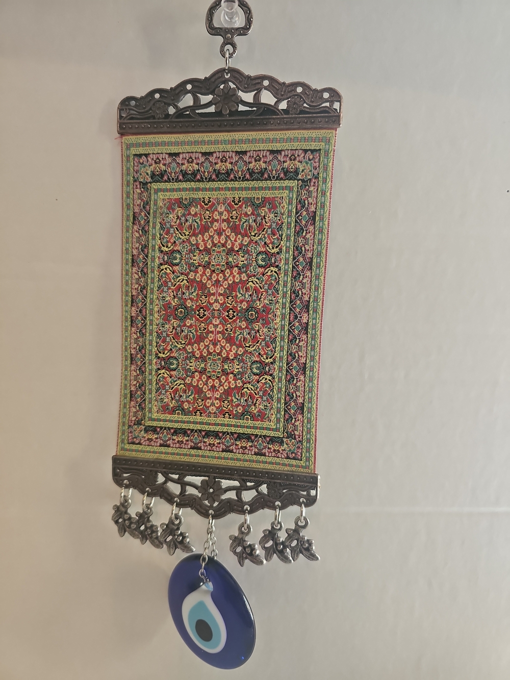 Handmade Turkish Carpet Wall Hanging - Evil Eye - Nazar Alloy 10.5" L X 4" W